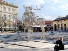 Szeged, Dugonics tér, karácsonyi dekoráció, fényszarvas, szarvas