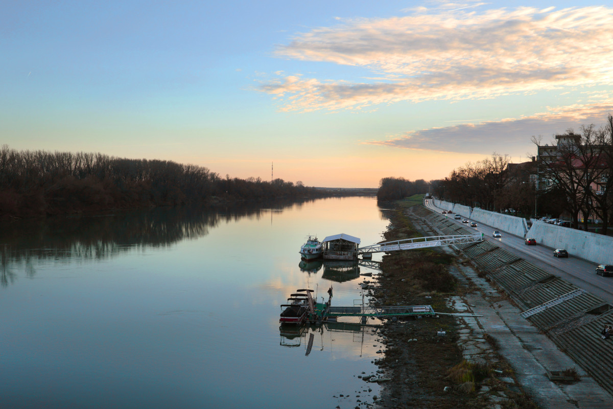 Szeged, Tisza, folyó, január, tél, időjárás, alkonyat