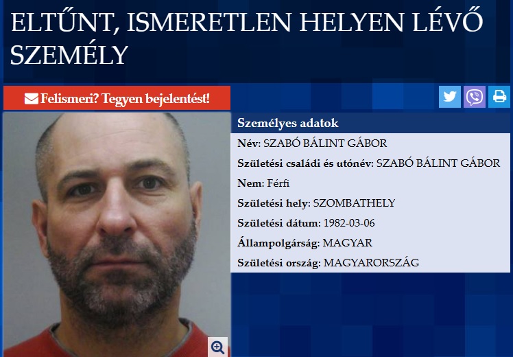 Eltűntként keresi a rendőrség Szabó Bálintot