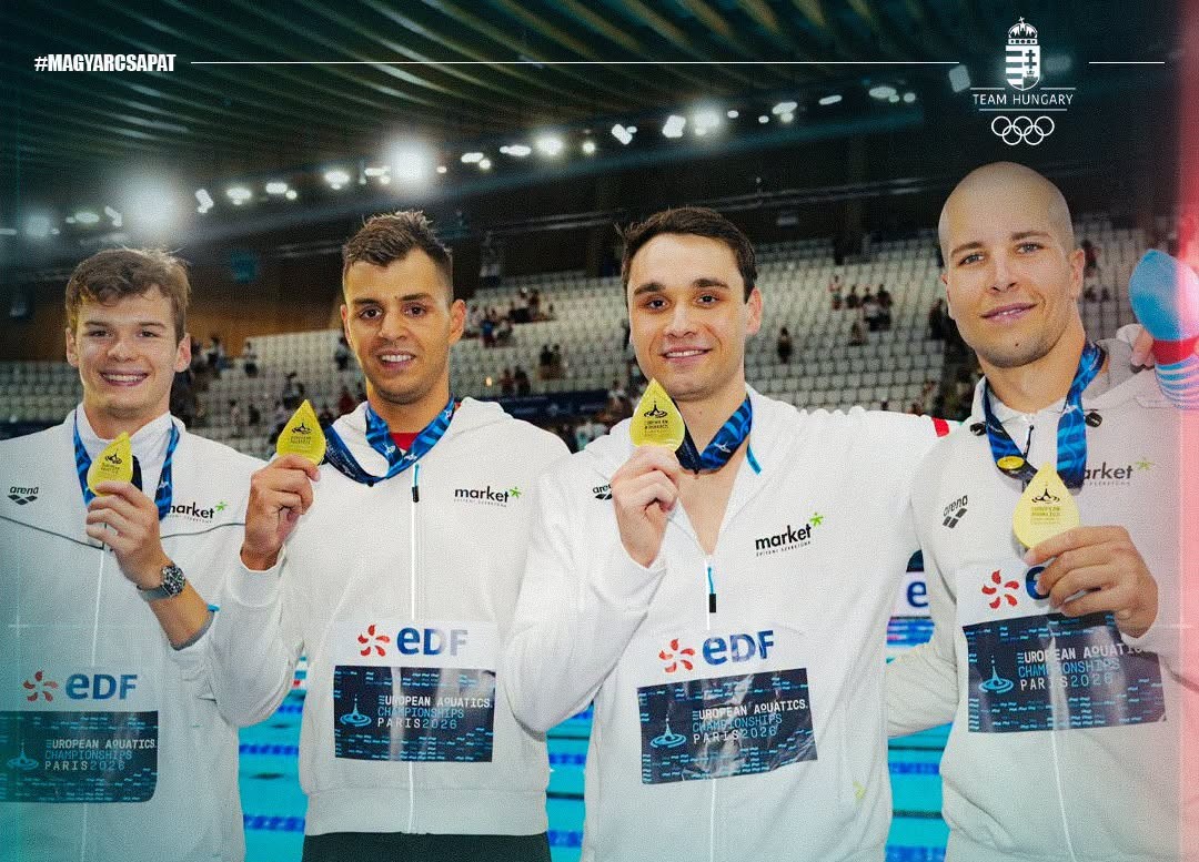 Vizes Eb - Országos csúccsal aranyérmes a 4x100 méteres férfi gyorsváltó. Fotó: Team Hungary hivatalos Facebook-oldala