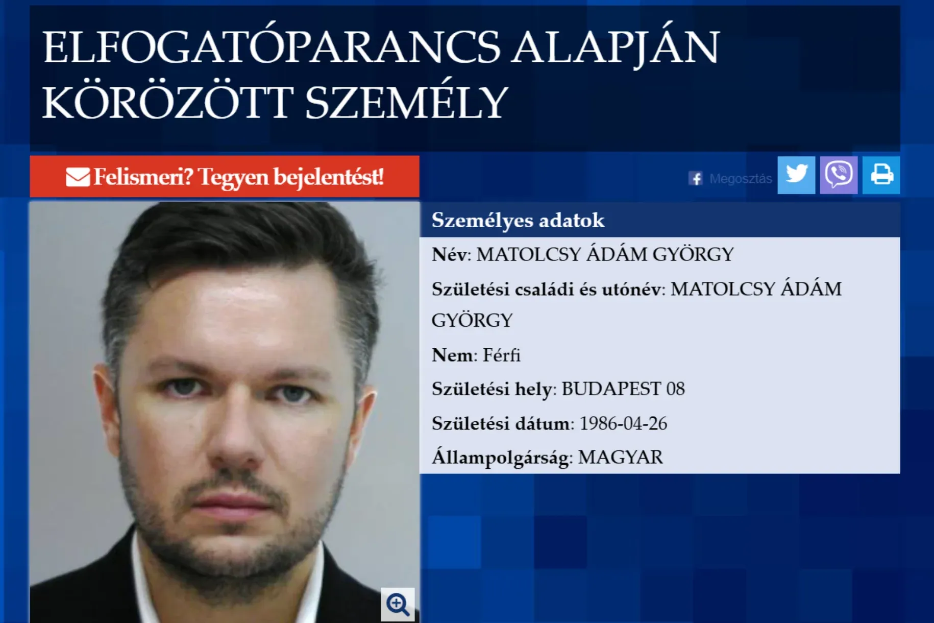 Matolcsy Ádám. MNB. Körözés, rendőrség. Fotó: police.hu